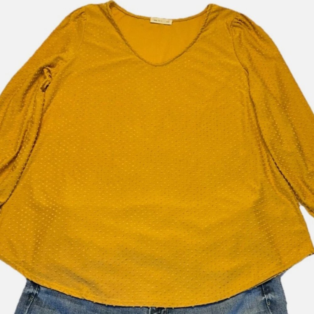XL Reb.In.J. Mustard Long Sleeve Swiss Dot Blouse with Ruffle Sleeve